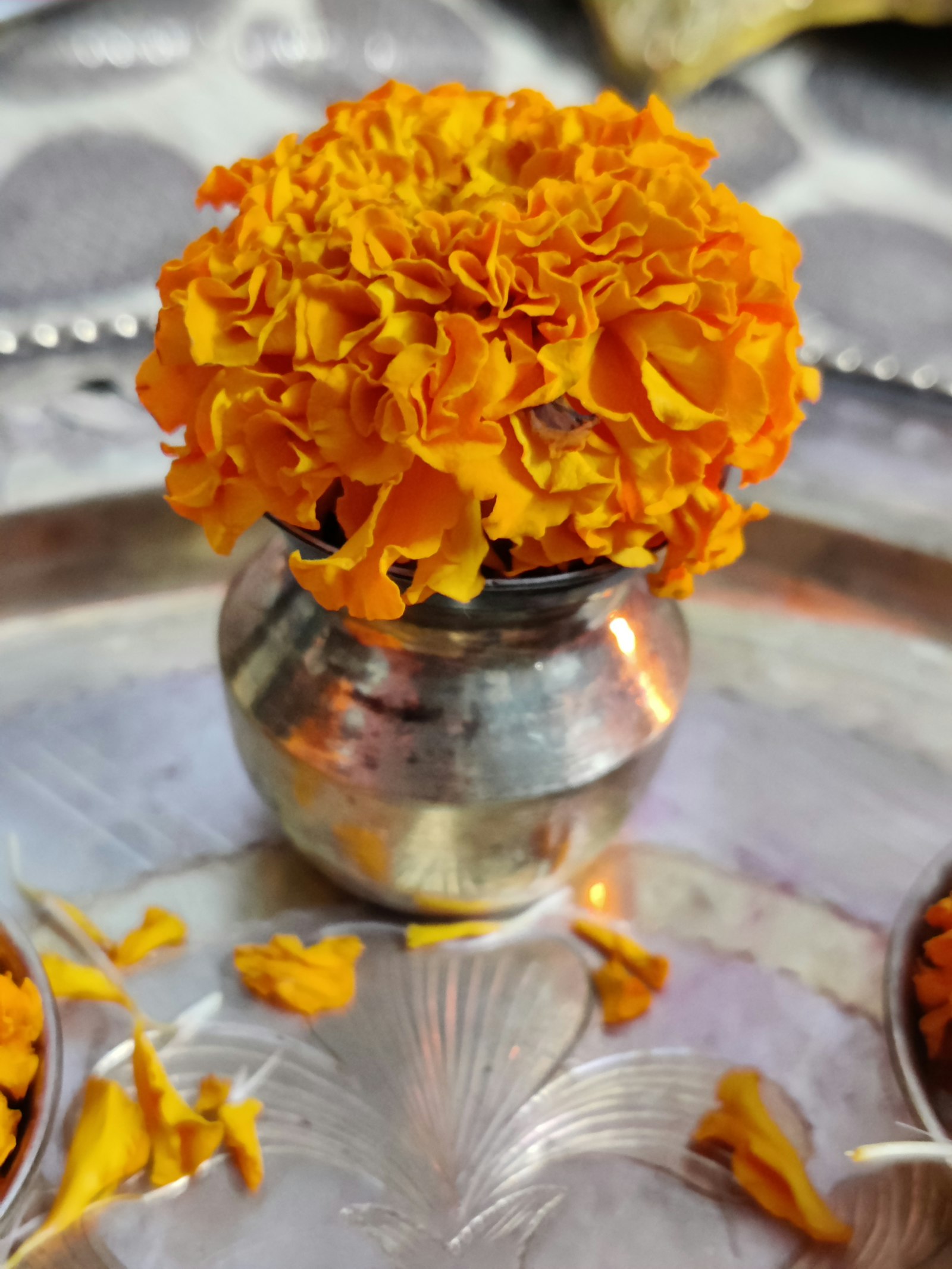 Marigold garlands on temple offerings